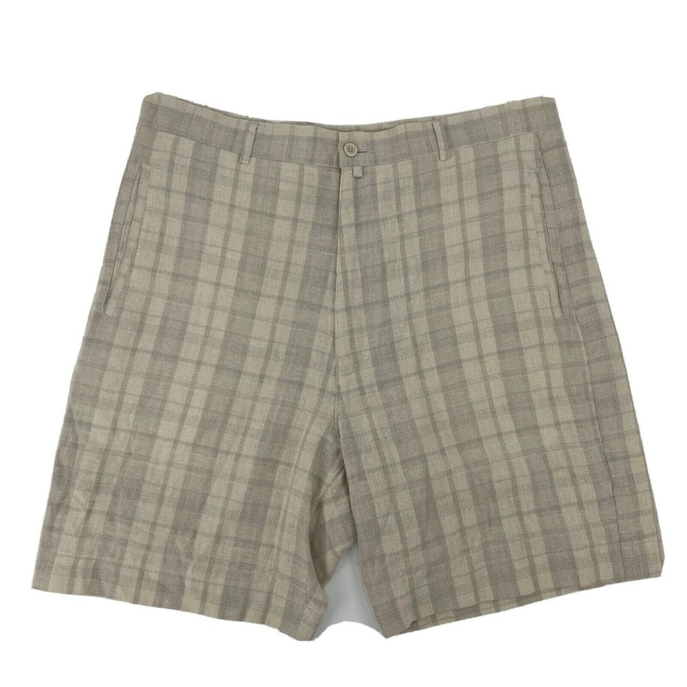 Puntodue Shorts Mens 38T Beige Plaid Golf Flat Front Chino‎ Linen Blend